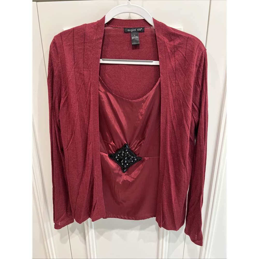 August Silk Burgundy Faux Twin Set Y2K Beaded Rhinestone Dark Romantic